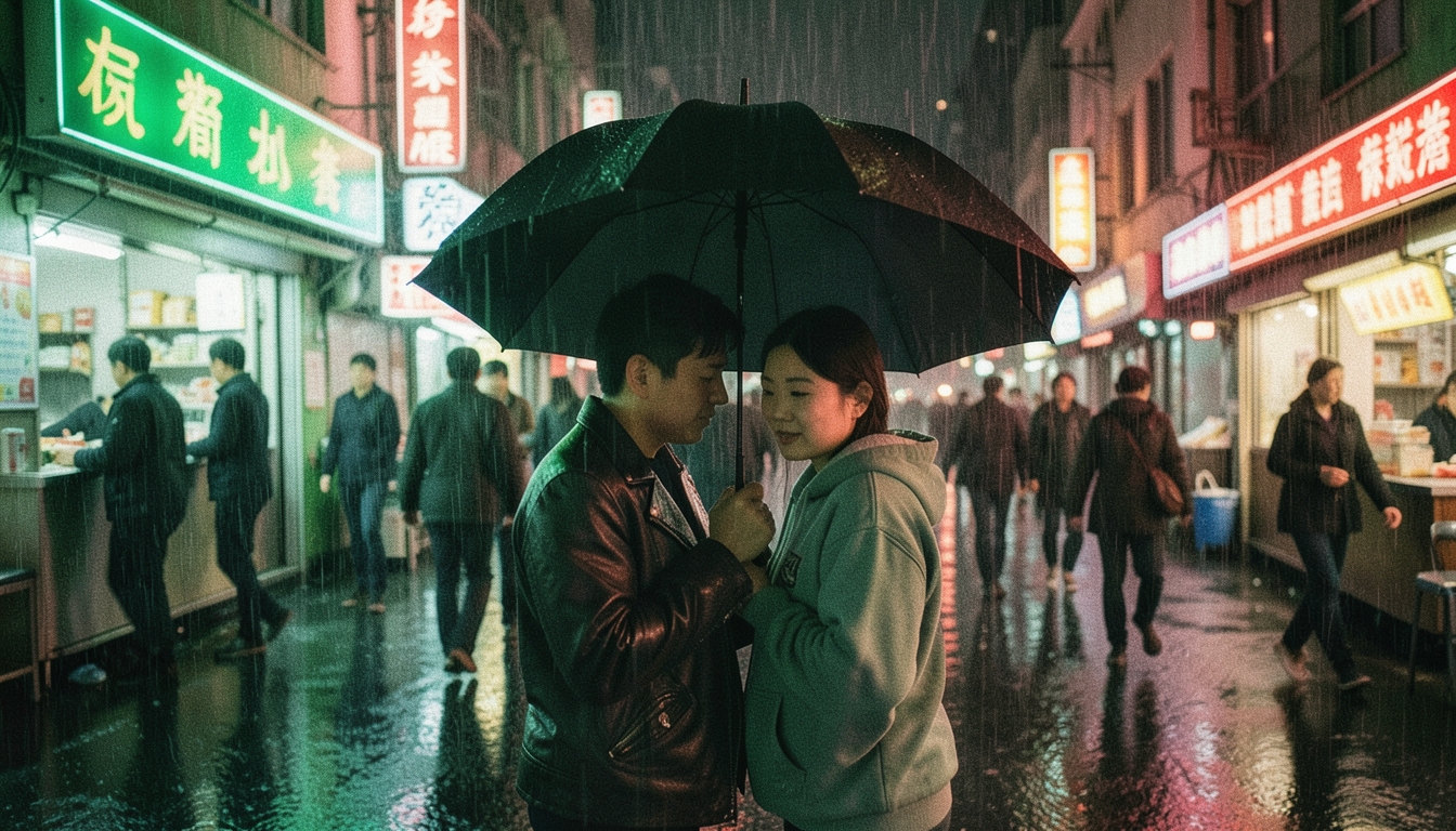 Neon-lit noodle bar in the rain, two friends sharing an umbrella, film still