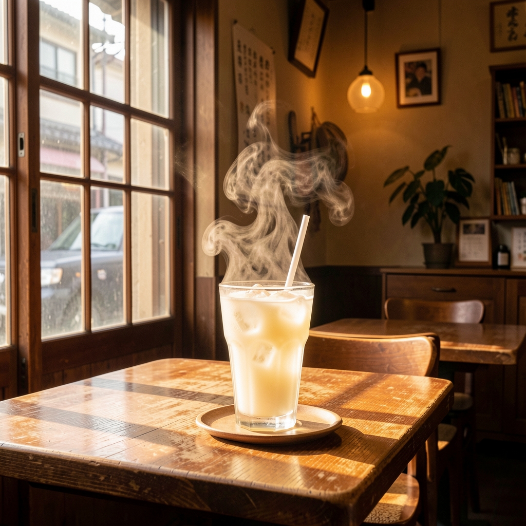 昭和レトロな喫茶店のクリームソーダ、窓から差し込む光