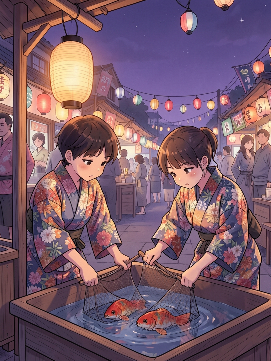 夏祭りの夜、浴衣で金魚すくいをする二人の子ども、提灯の明かり