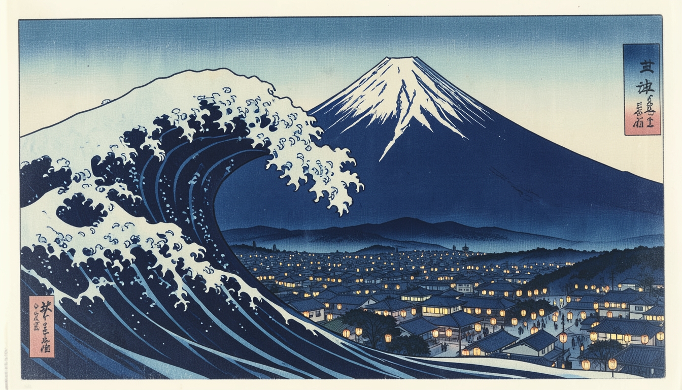 富士山を背景にした大きな波と夜の都市