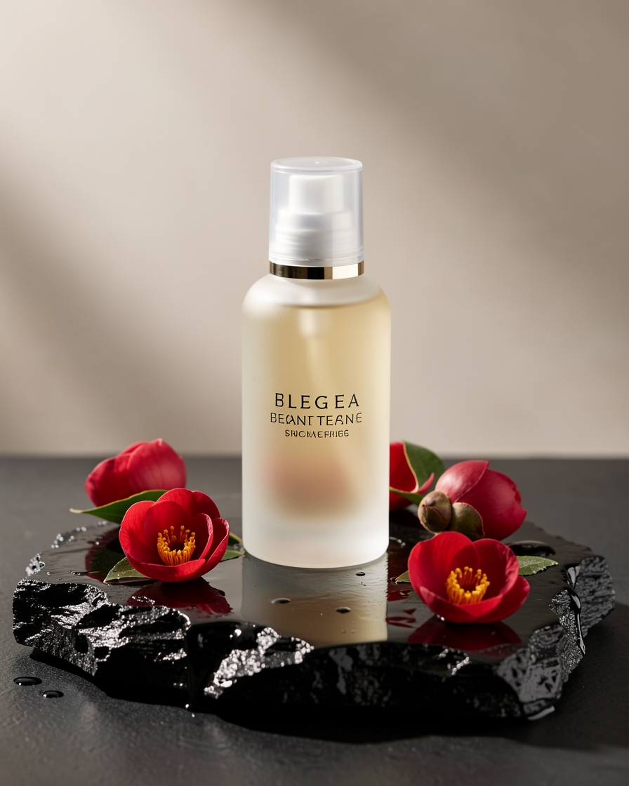 A frosted glass skincare bottle on wet black stone with camellia petals