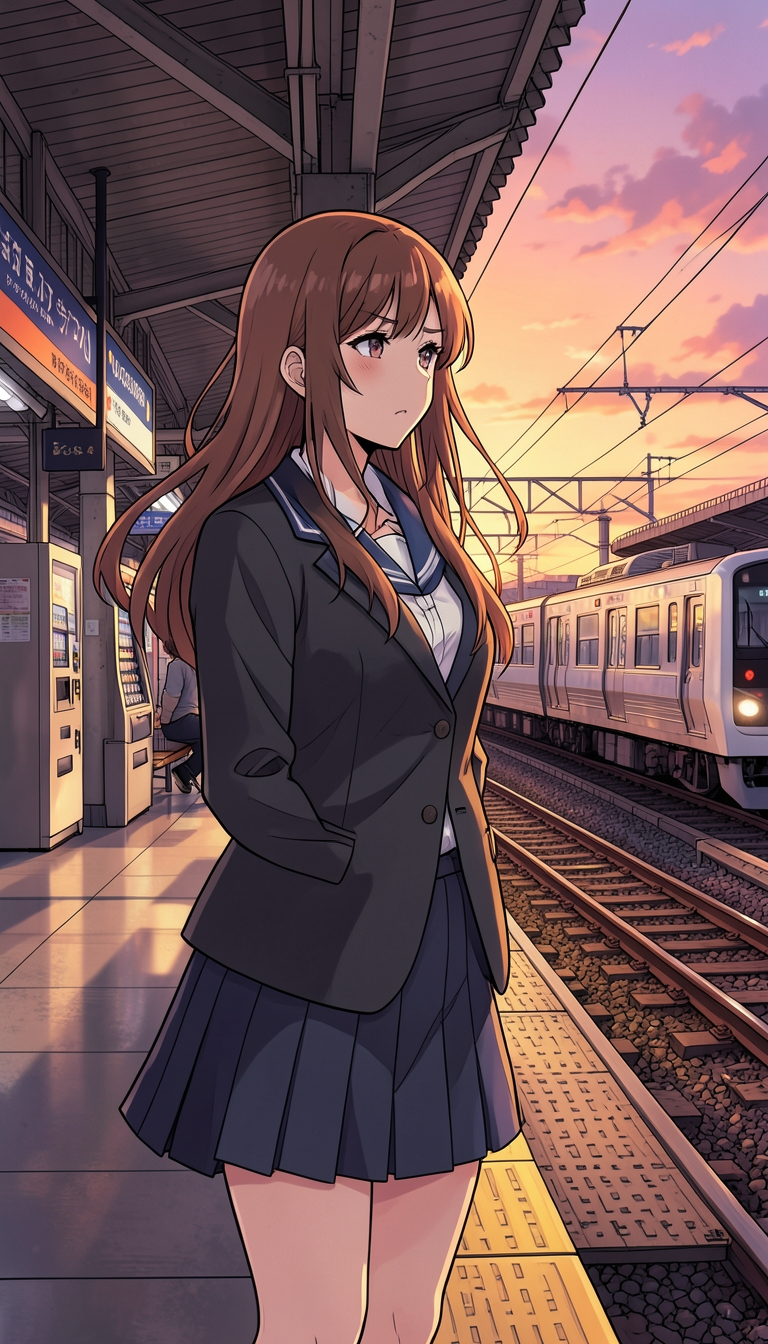 夕暮れの駅のホームに立つ制服の少女、オレンジ色の空と電線