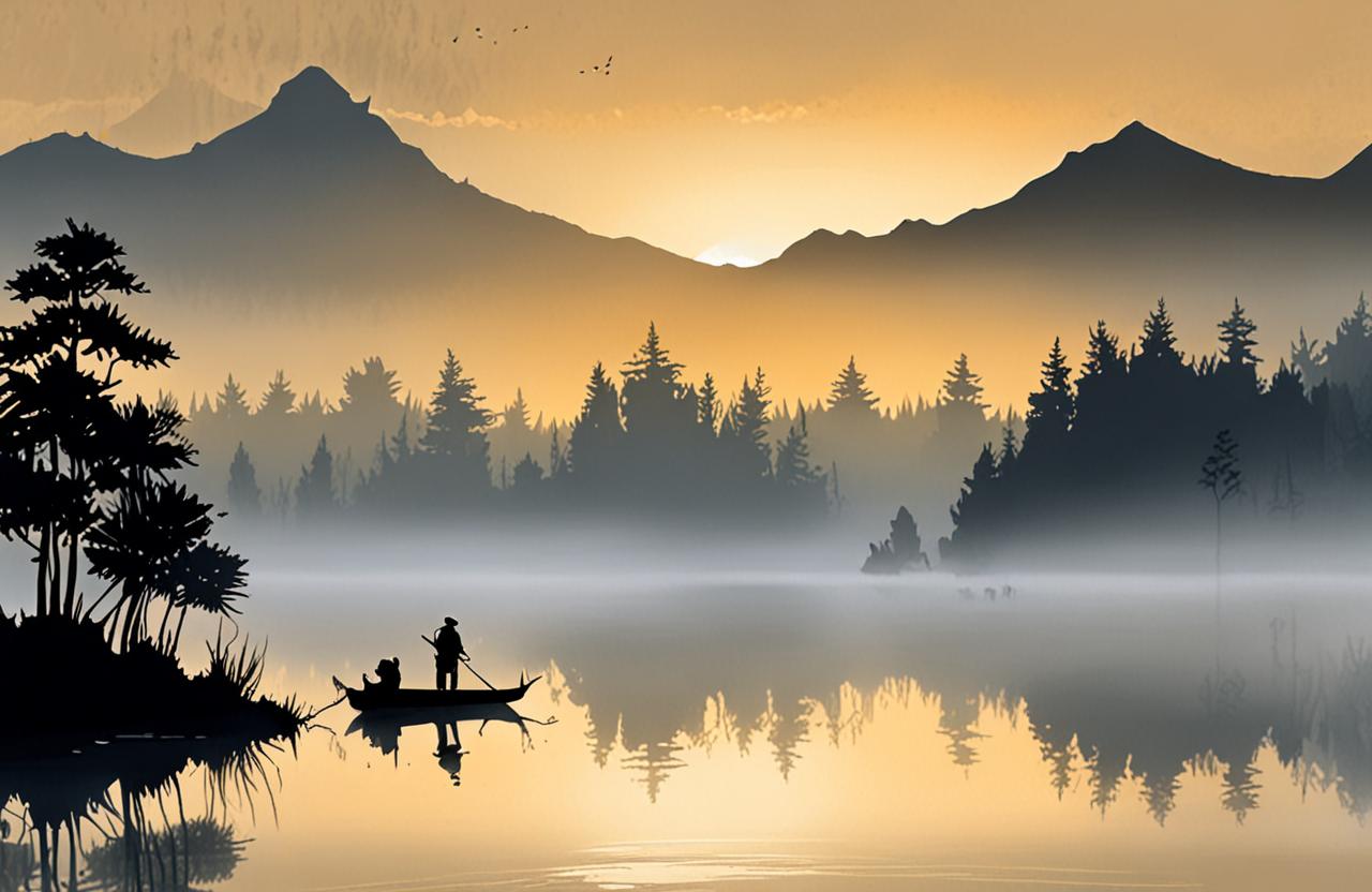 A lone fisherman on a misty lake at dawn, mountains fading into fog
