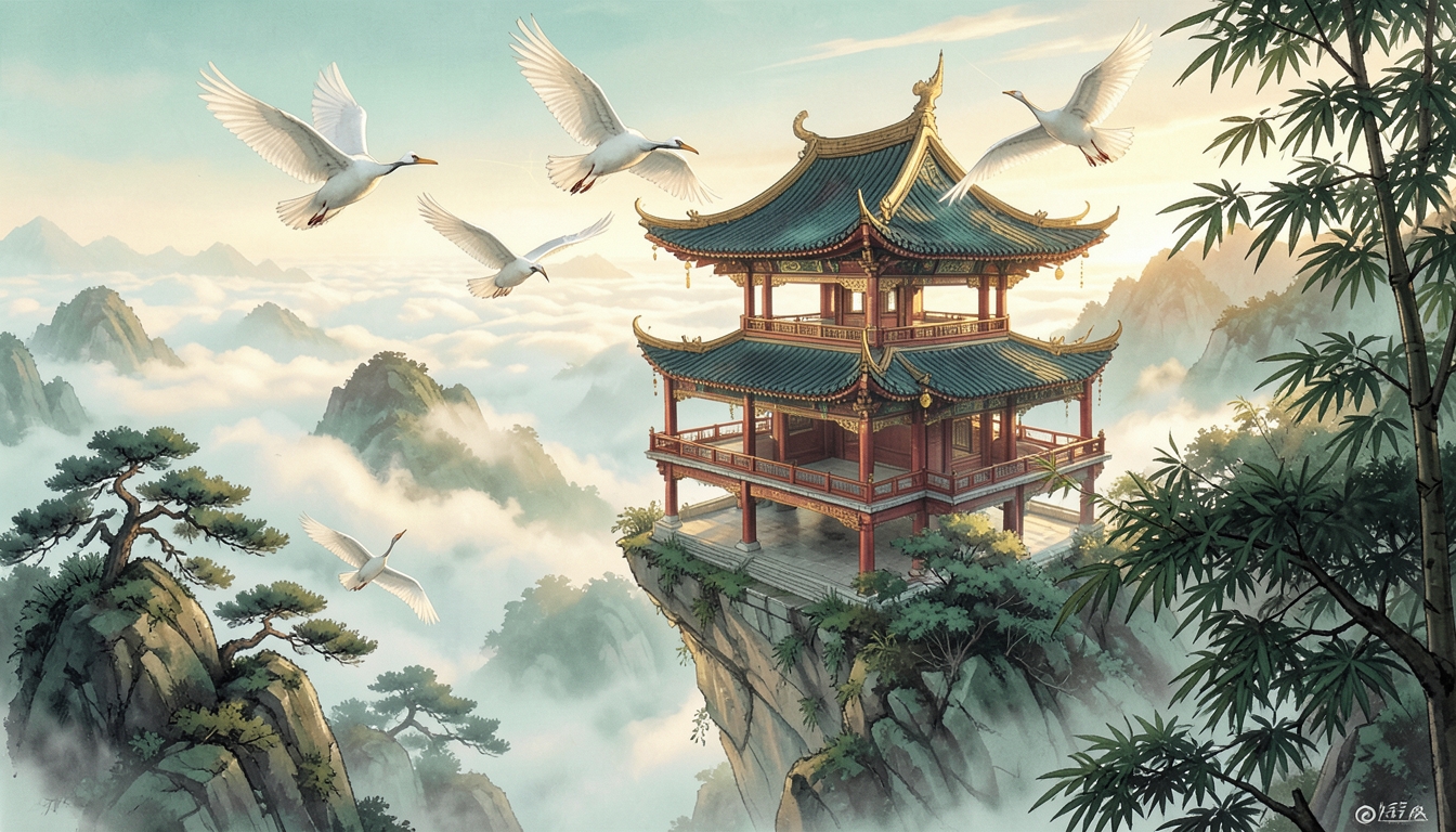 云海之上的仙山楼阁，白鹤飞过，金色晨光