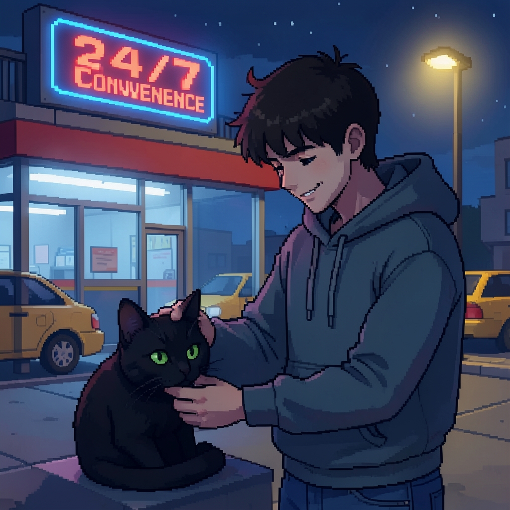 深夜のコンビニの前で猫をなでる青年、ドット絵