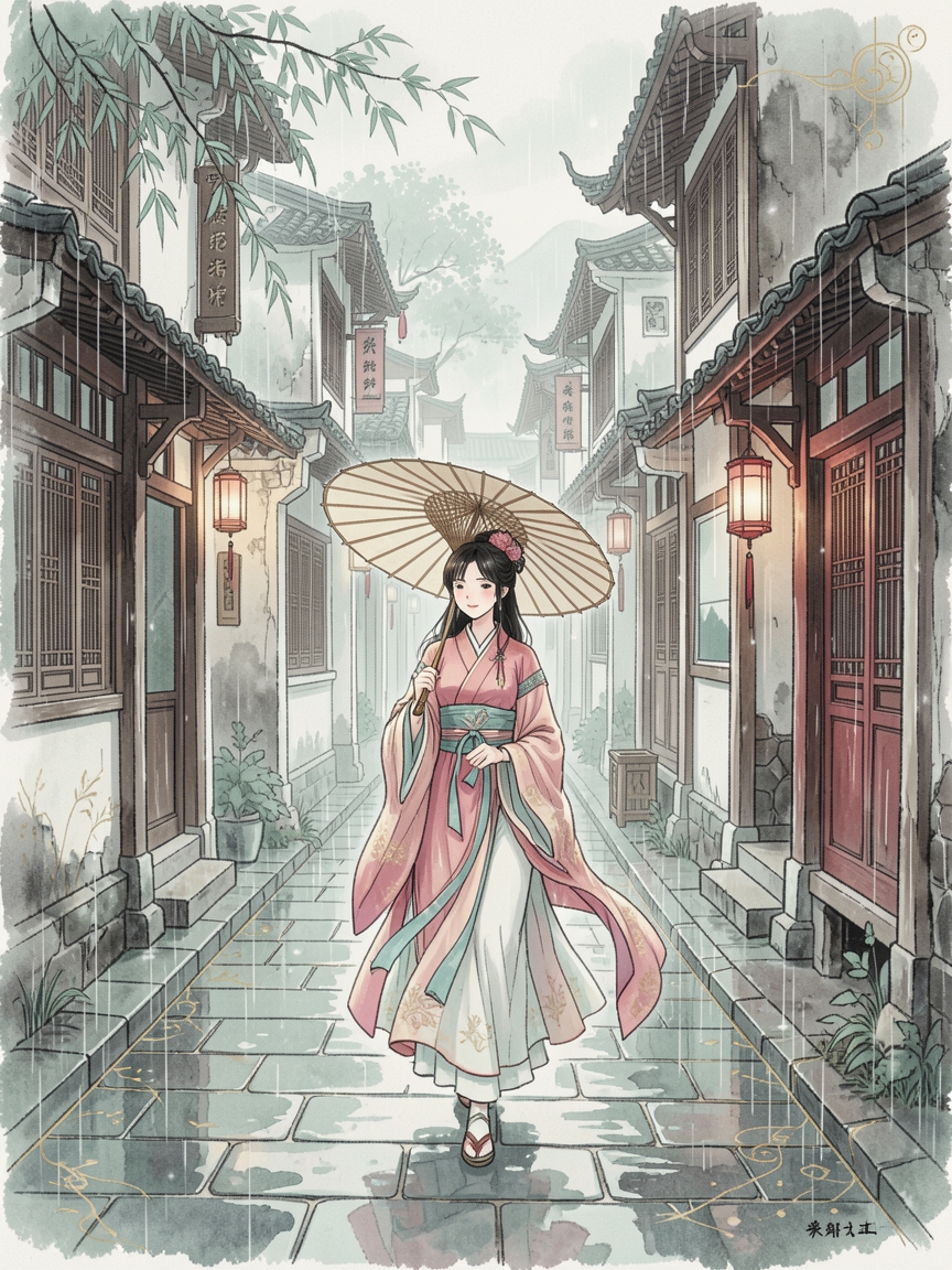 江南水乡的雨巷，撑油纸伞的汉服少女，青石板路