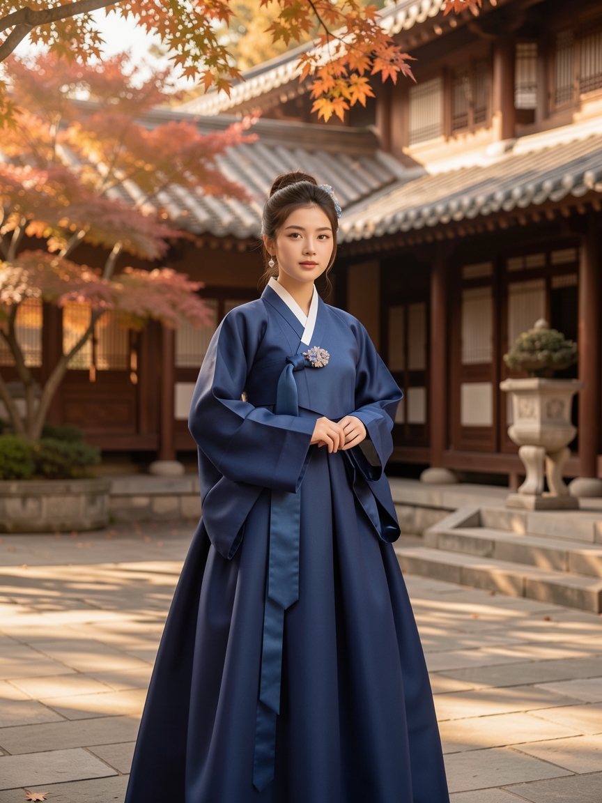 Portrait of a young woman in a modern indigo hanbok in a palace courtyard, autumn light