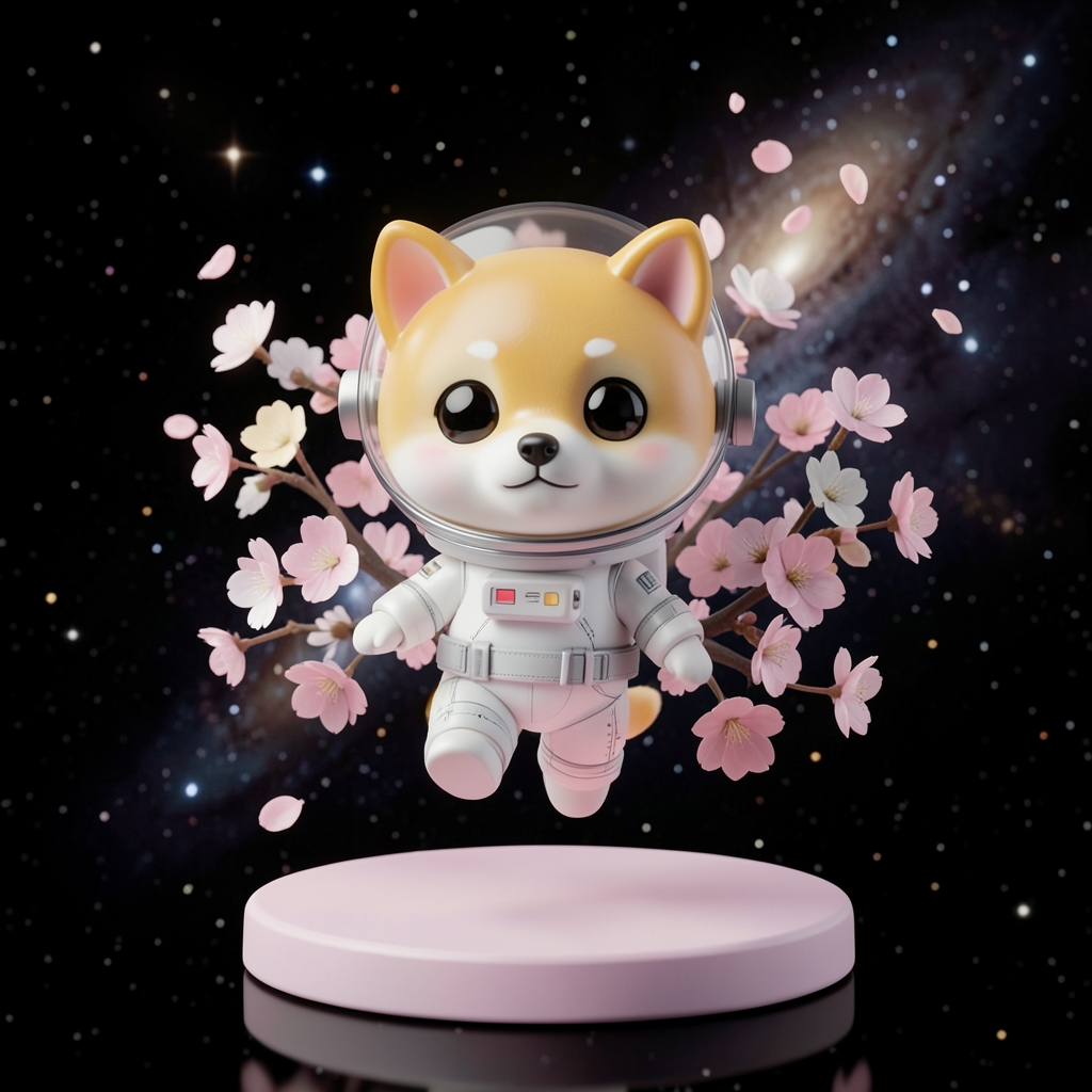 A tiny shiba inu astronaut floating among cherry blossoms in space