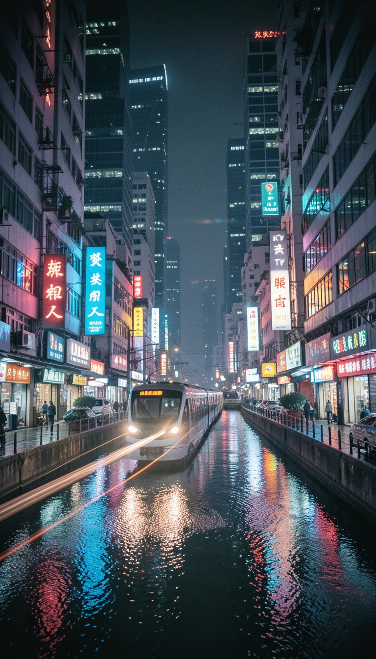 重庆夜景，轻轨穿过高楼，霓虹灯倒映在江面