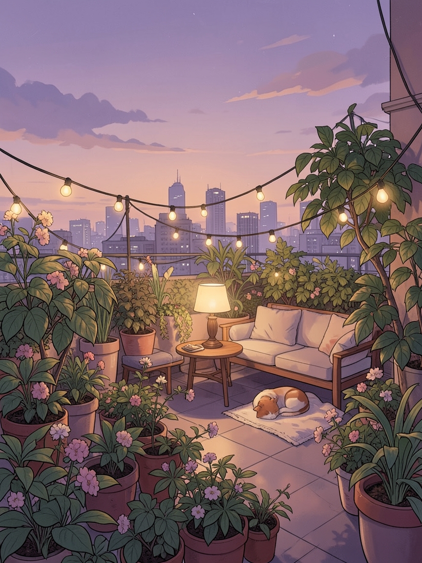 A cozy rooftop garden in Taipei at dusk, string lights, potted plants, a sleeping cat