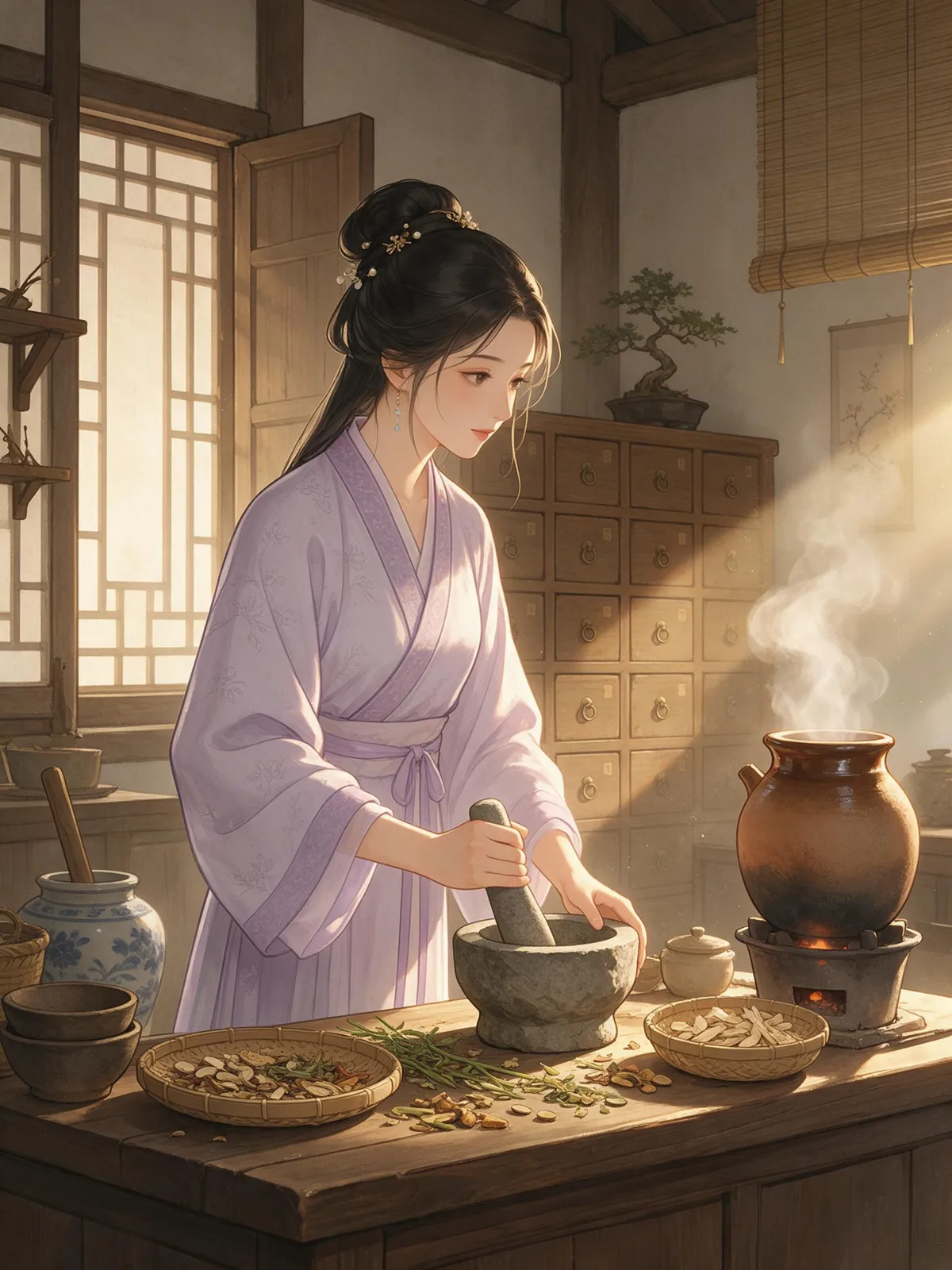 Guofeng illustration of a female physician in a pale lavender hanfu grinding herbs in an ancient apothecary, drawers of medicine, steam from a clay pot, warm afternoon light
