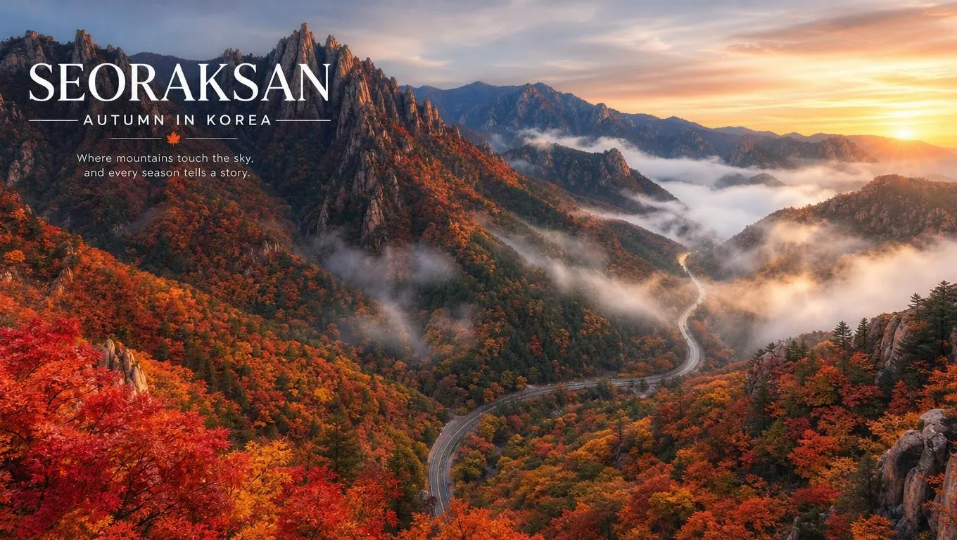 Aerial view of Seoraksan in autumn with red and orange forests, a winding road through the valley, morning mist between the peaks