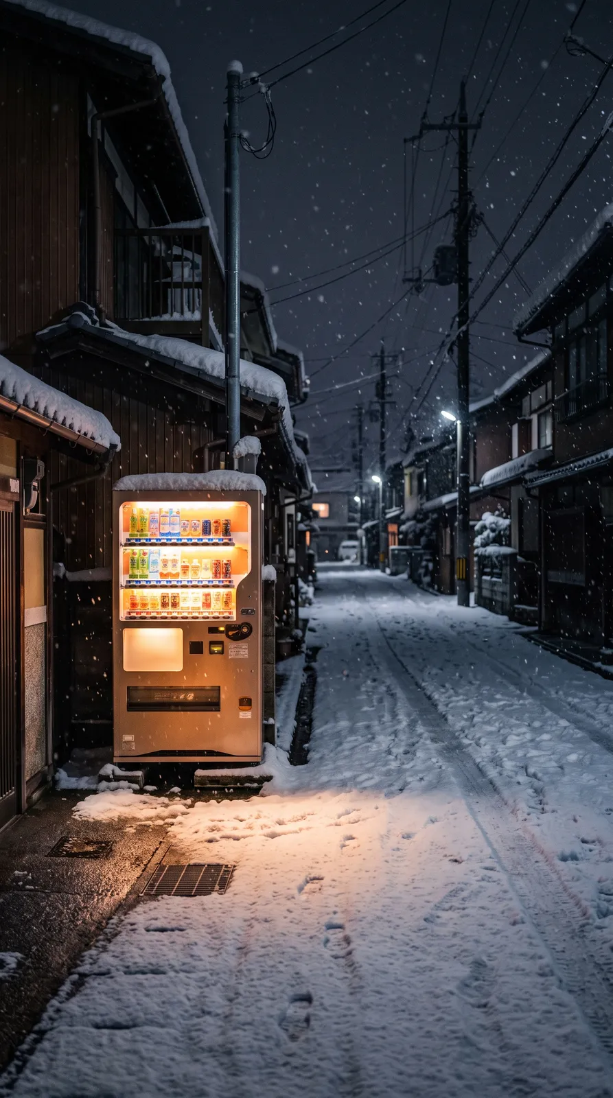 Phone wallpaper of a quiet snowy street with a single glowing vending machine at night, soft falling snow
