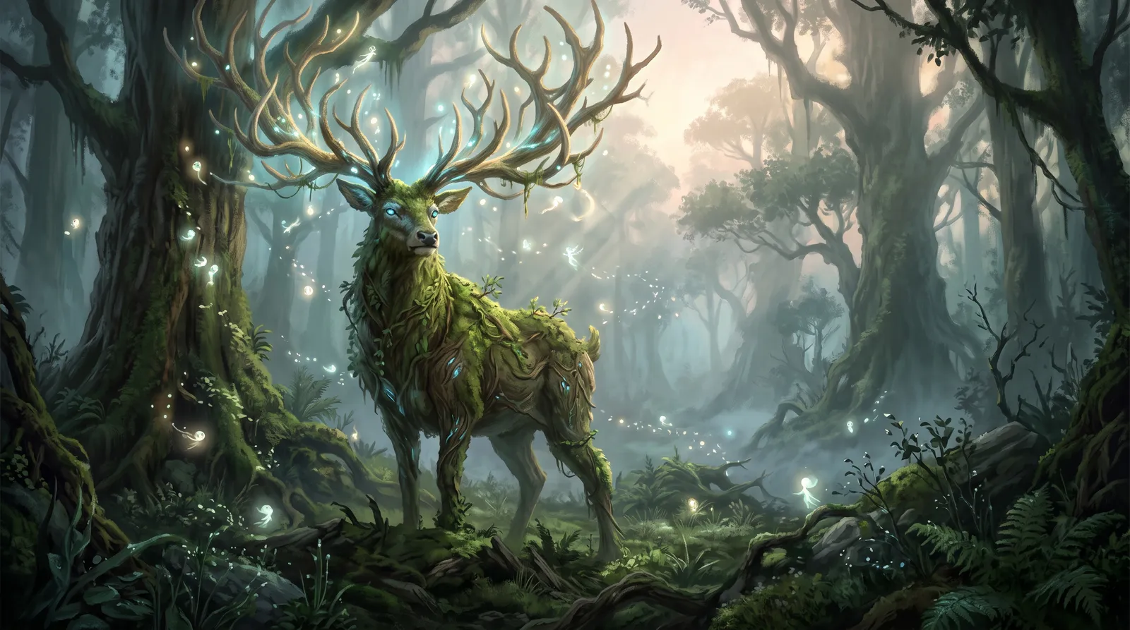 Ancient forest guardian, a giant moss-covered stag with glowing antlers made of branches, standing in a misty clearing at dawn, small spirits floating around, mystical concept art