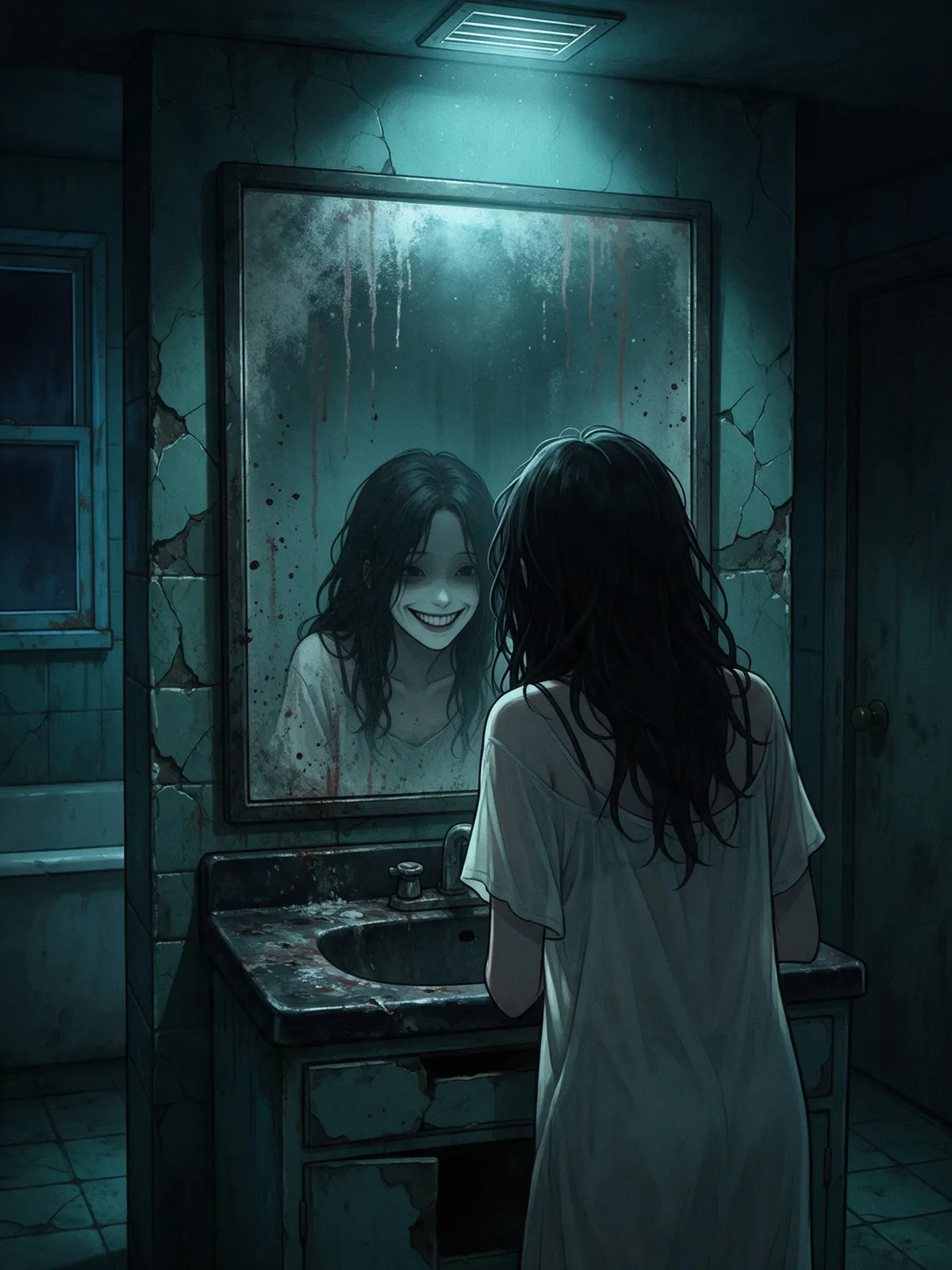 Webtoon horror: a girl looking into a bathroom mirror where her reflection smiles back differently, dim flickering light, eerie teal palette