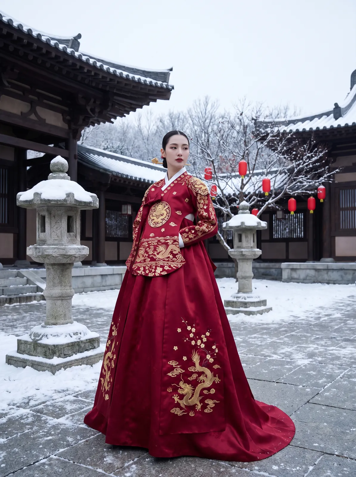 Lunar New Year fashion editorial: a model in a modern red silk hanbok-inspired dress with gold embroidery, standing in a palace courtyard with snow, festive and elegant