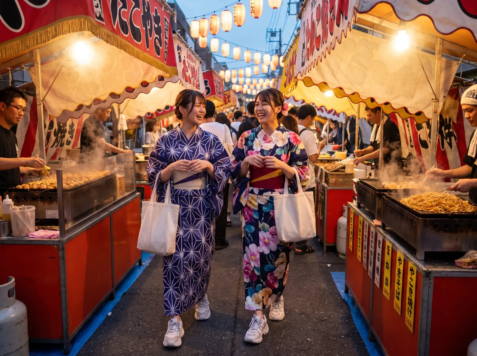 Summer festival fashion in Tokyo: two friends in modern printed yukata with sneakers and tote bags walking among food stalls at dusk, paper lanterns, playful mood