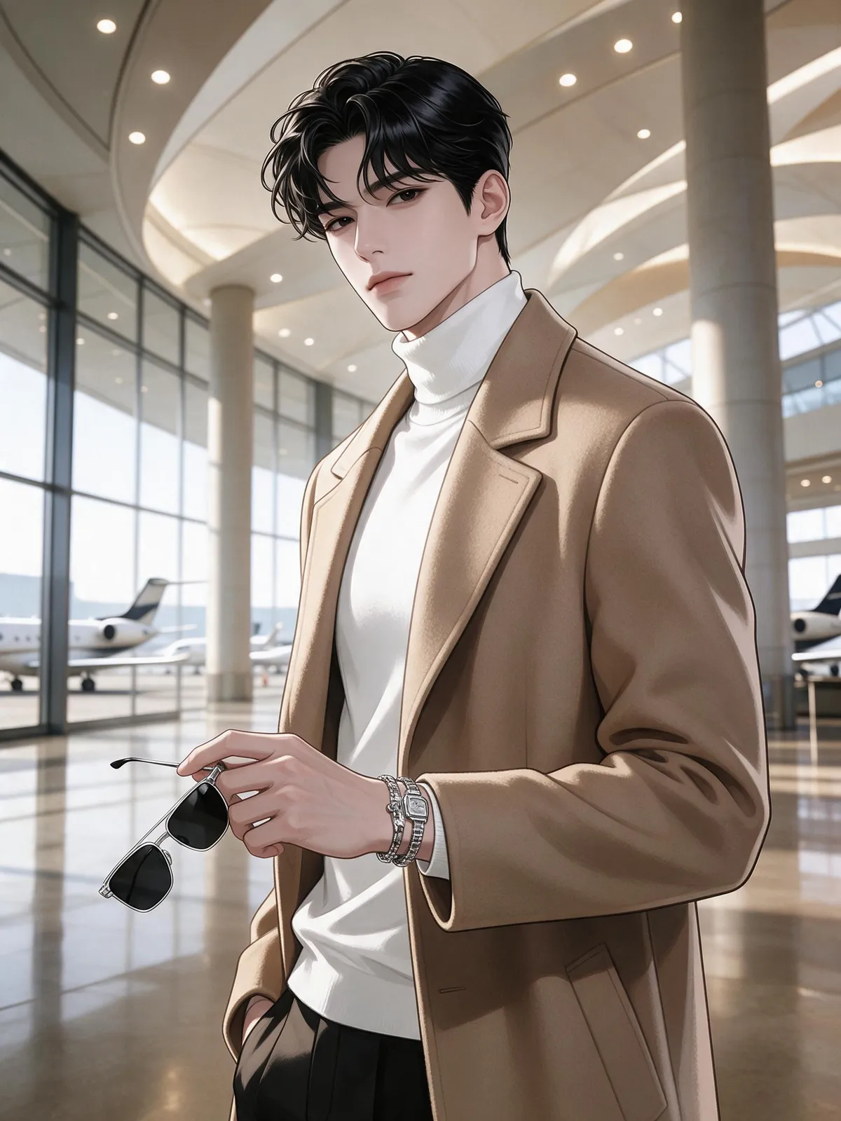 Webtoon style portrait of a chaebol heir in a white turtleneck and long camel coat at an airport, sunglasses in hand, cold confident gaze, glossy rendering, luxurious tone