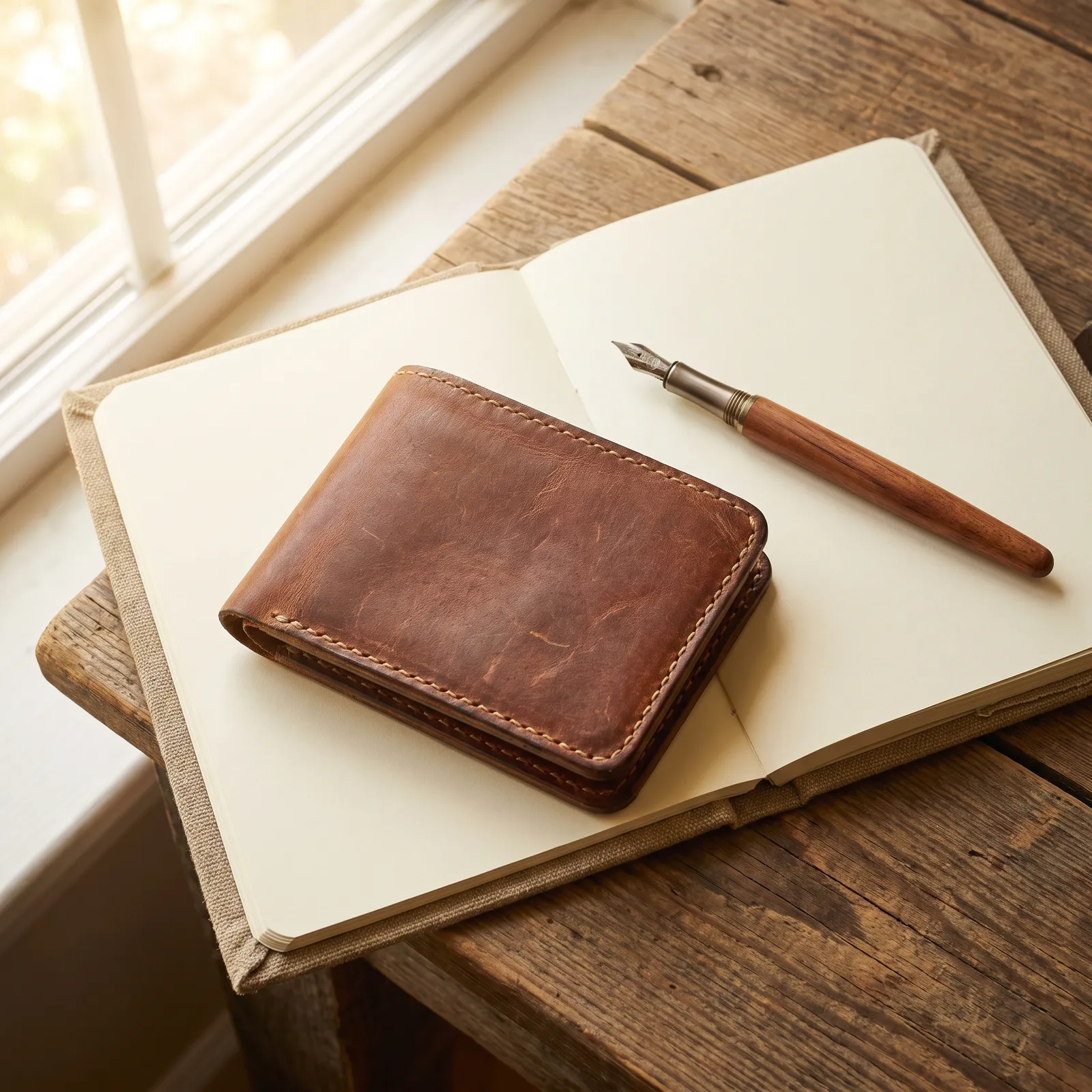 Handmade leather wallet and a fountain pen arranged on a canvas notebook, top-down flat lay, warm natural light, craftsmanship detail