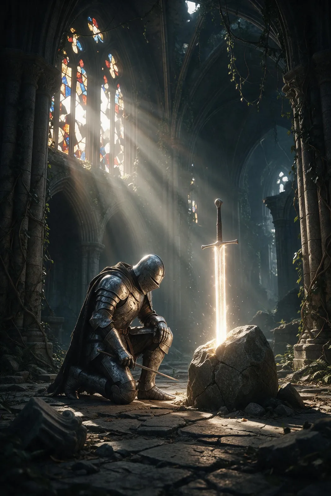 Knight in battered silver armor kneeling before a glowing sword in a stone, cathedral ruins overgrown with vines, rays of light through broken stained glass windows
