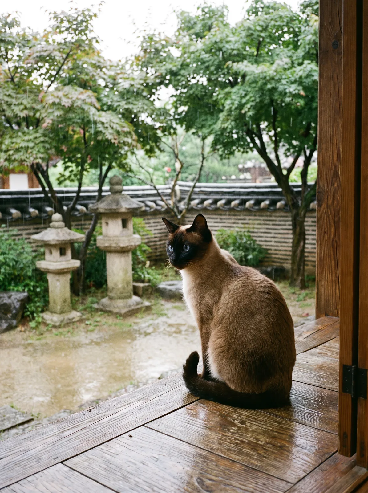 Siamese cat sitting on a hanok wooden maru porch looking at rain, quiet mood