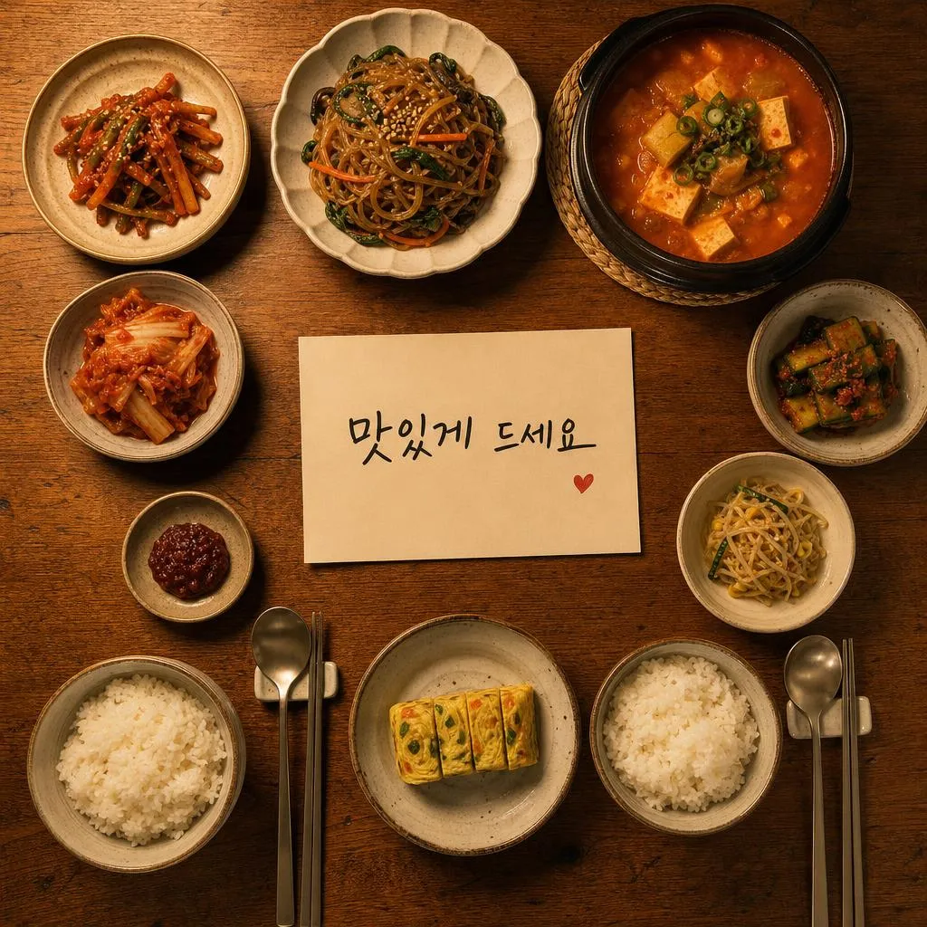 Overhead shot of a Korean home dinner table with rice, stew and banchan, a handwritten note card in the middle that says "맛있게 드세요", warm cosy light