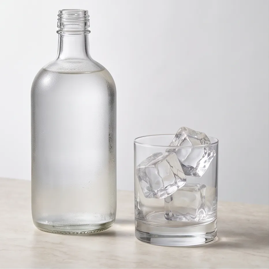 A bottle of craft soju with ice, luxury product photography, minimal composition