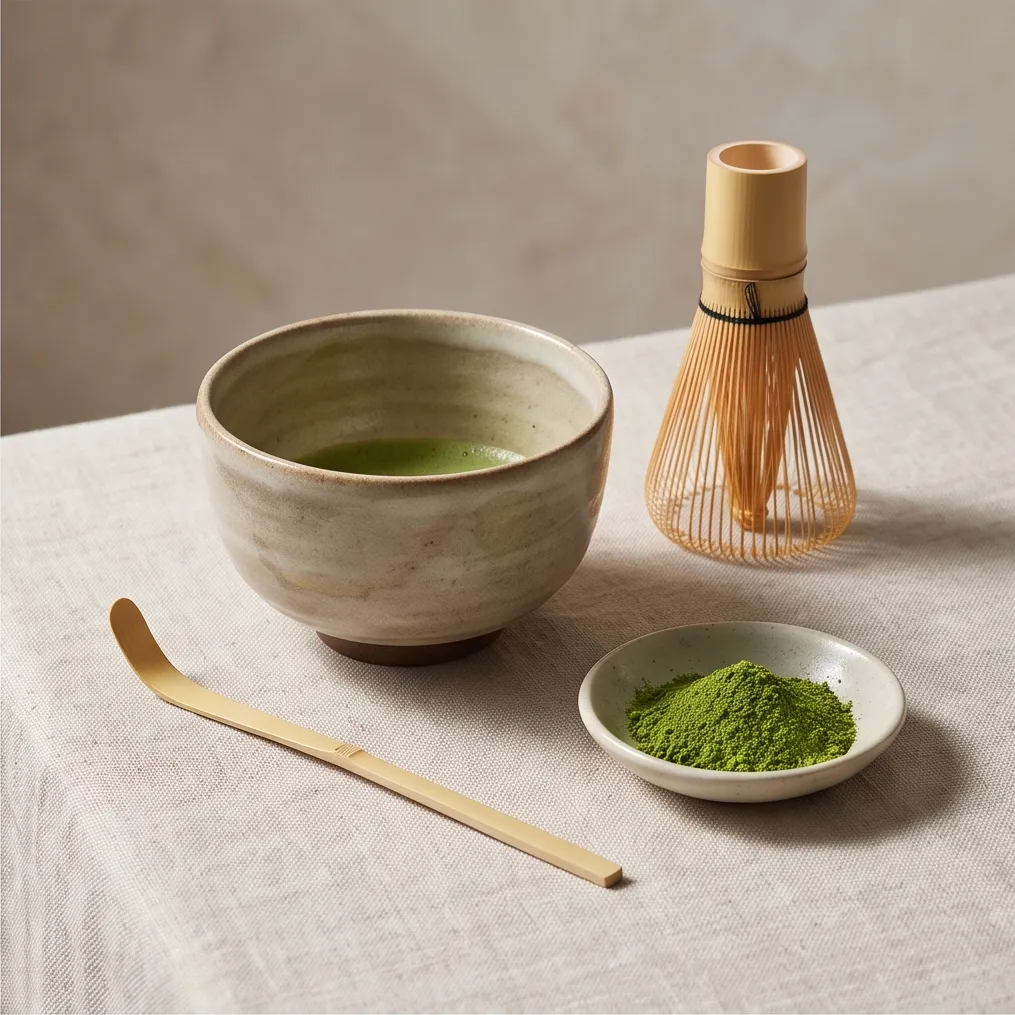 A matcha tea set, luxury product photography, minimal composition