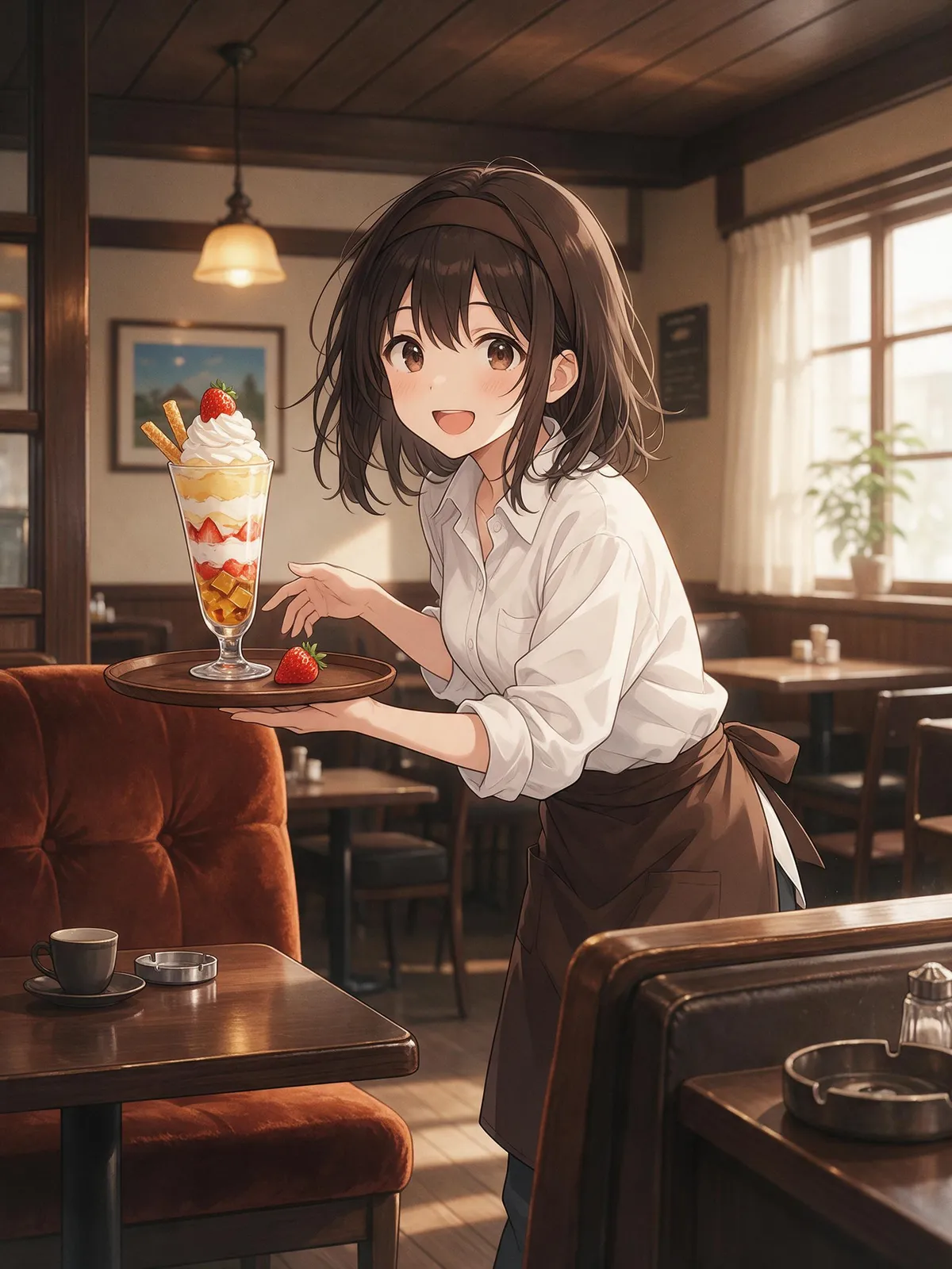 Anime girl in a cafe uniform carrying a tray with a strawberry parfait, cozy retro kissaten interior, warm light, cheerful smile, detailed slice-of-life style