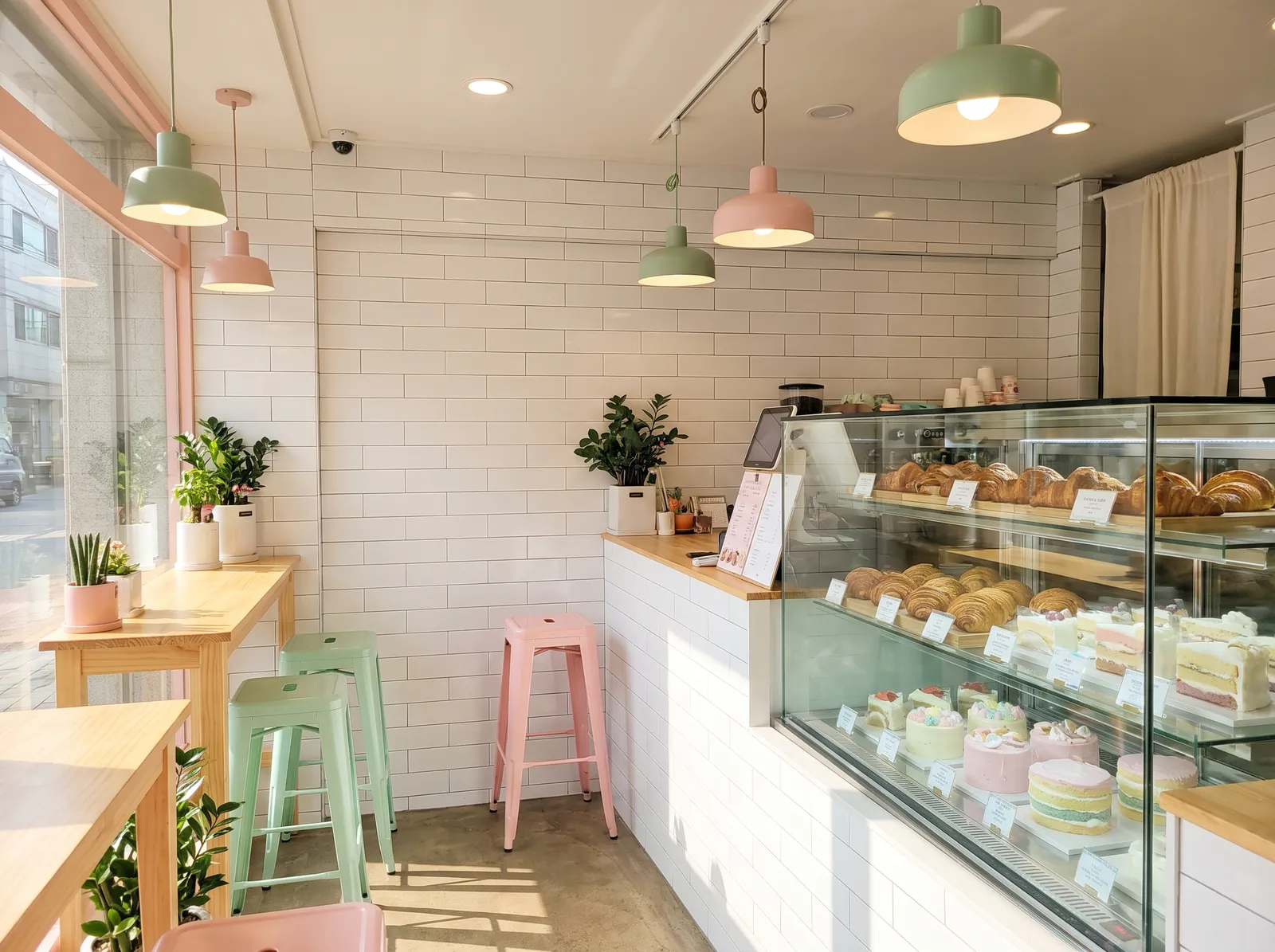 Small Korean pastry shop interior with glass display of croissants and cakes, white tiles, pastel accents, morning light