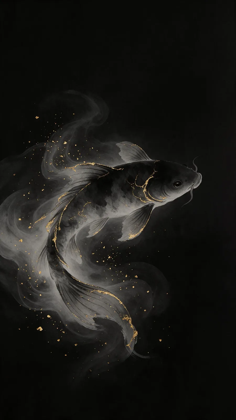 Phone wallpaper of a koi fish made of ink swirling in black space with gold leaf accents, elegant and minimal