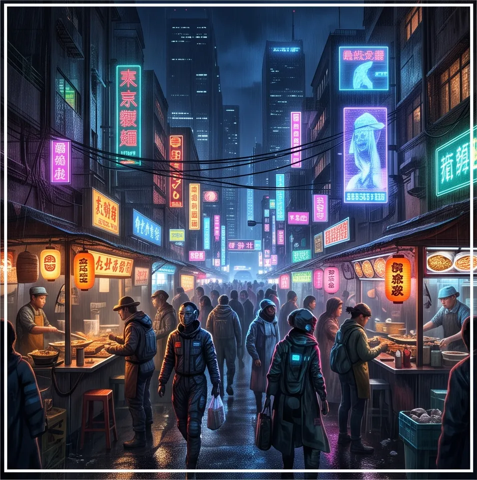A neon night market in 2099, cinematic sci-fi concept art, volumetric light