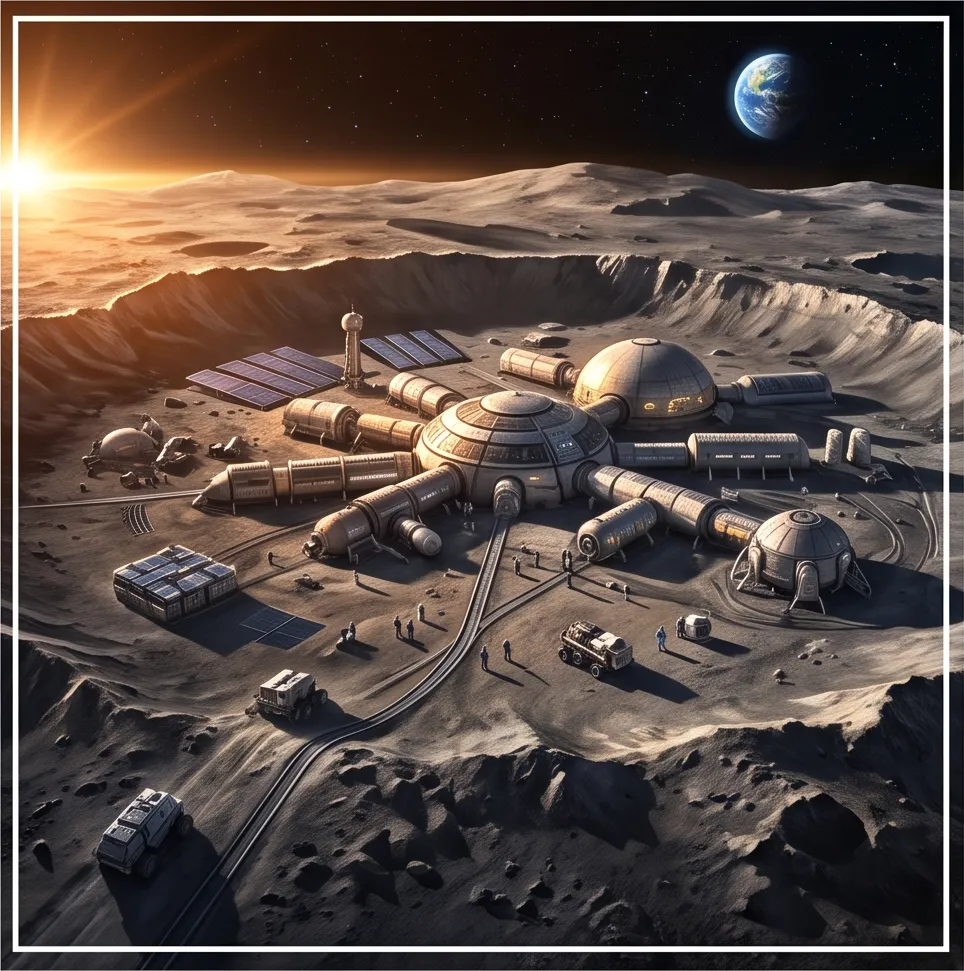 A moon base at dawn, cinematic sci-fi concept art, volumetric light