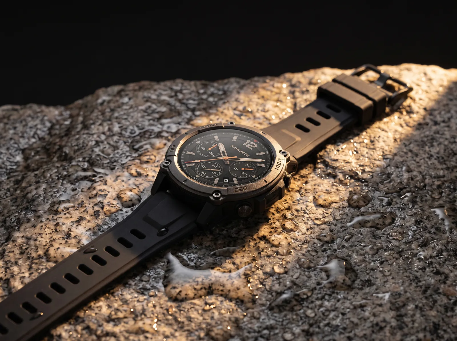 Smartwatch with a black strap on a wet granite surface, water droplets, dramatic side light, tech product photography, dark background