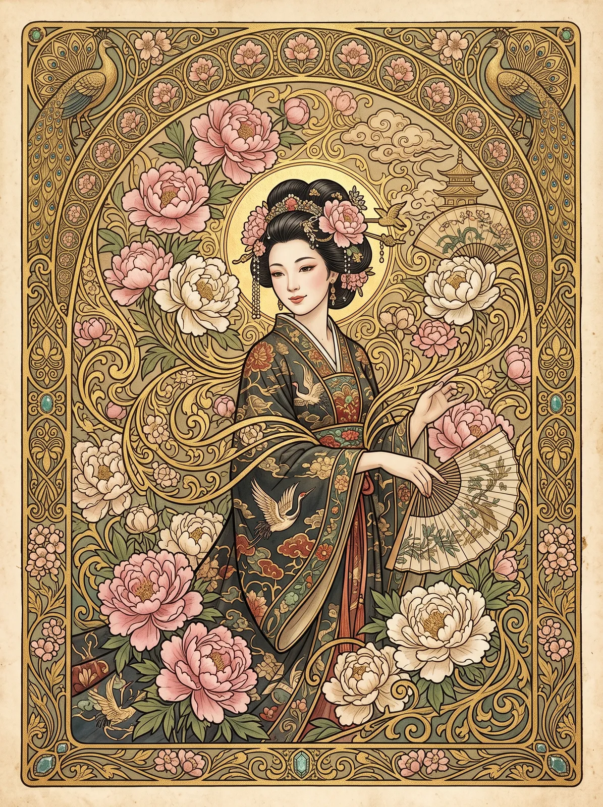 Art nouveau style illustration of a woman surrounded by peonies and swirling gold ornaments, Mucha-inspired with East Asian motifs, rich decorative border without text