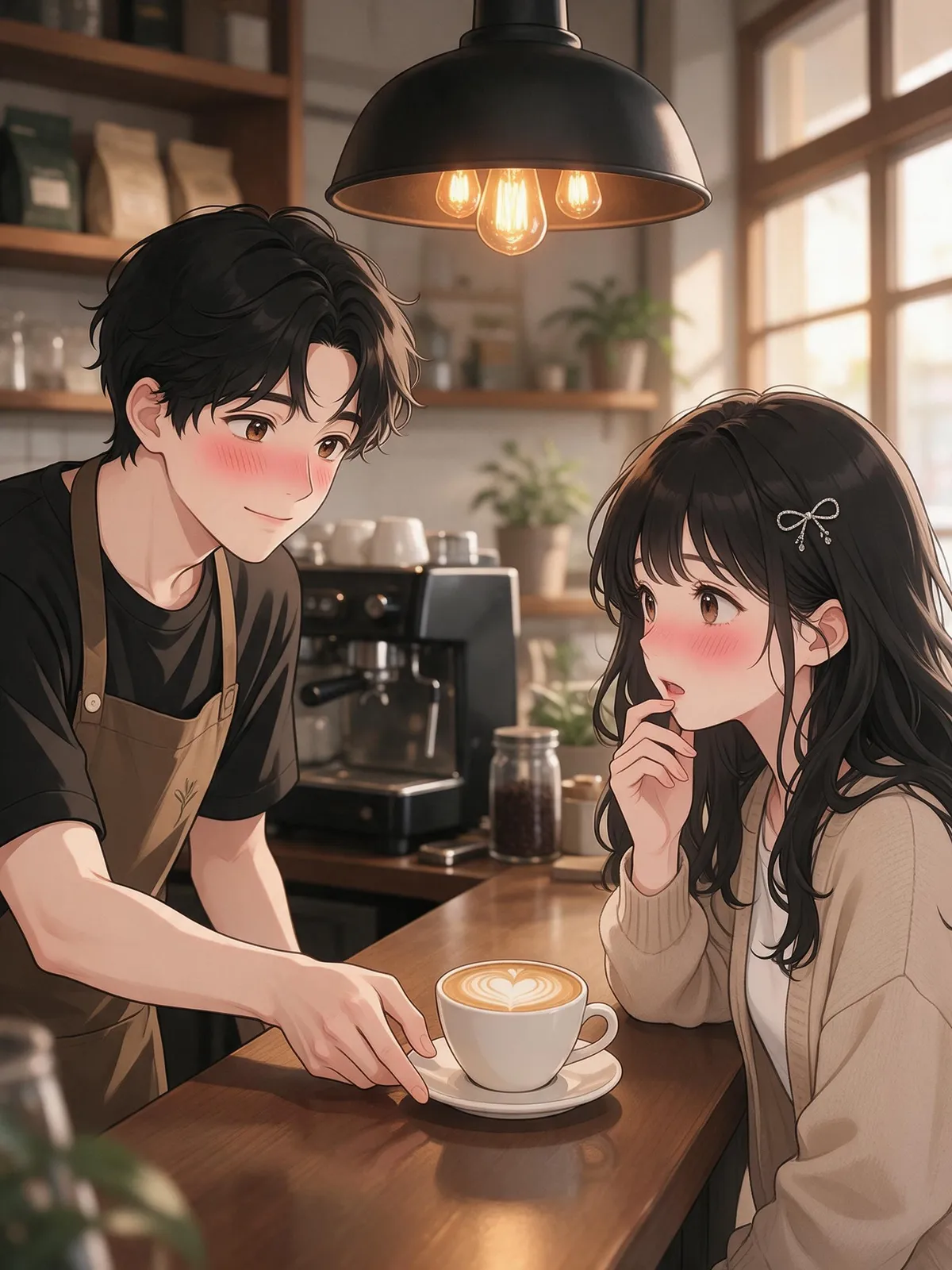 Webtoon romance: a cafe barista boy drawing latte art of a heart and sliding the cup to a shy customer, warm cafe light, soft blush tones, clean manhwa art