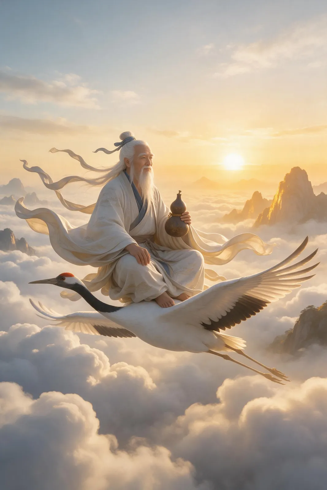 Guofeng Taoist immortal sitting on a crane above clouds, holding a gourd, long white beard and flowing sleeves, golden sunrise, serene mystical atmosphere