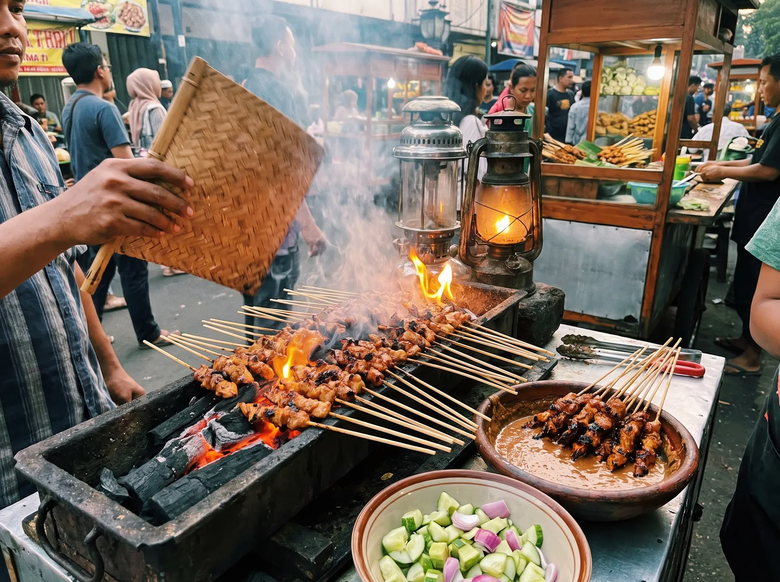 Food photography of chicken satay skewers fanned over glowing coconut-husk charcoal at a Jakarta night cart, smoke swirling, a vendor's hand waving a woven fan, peanut sauce glistening in a bowl