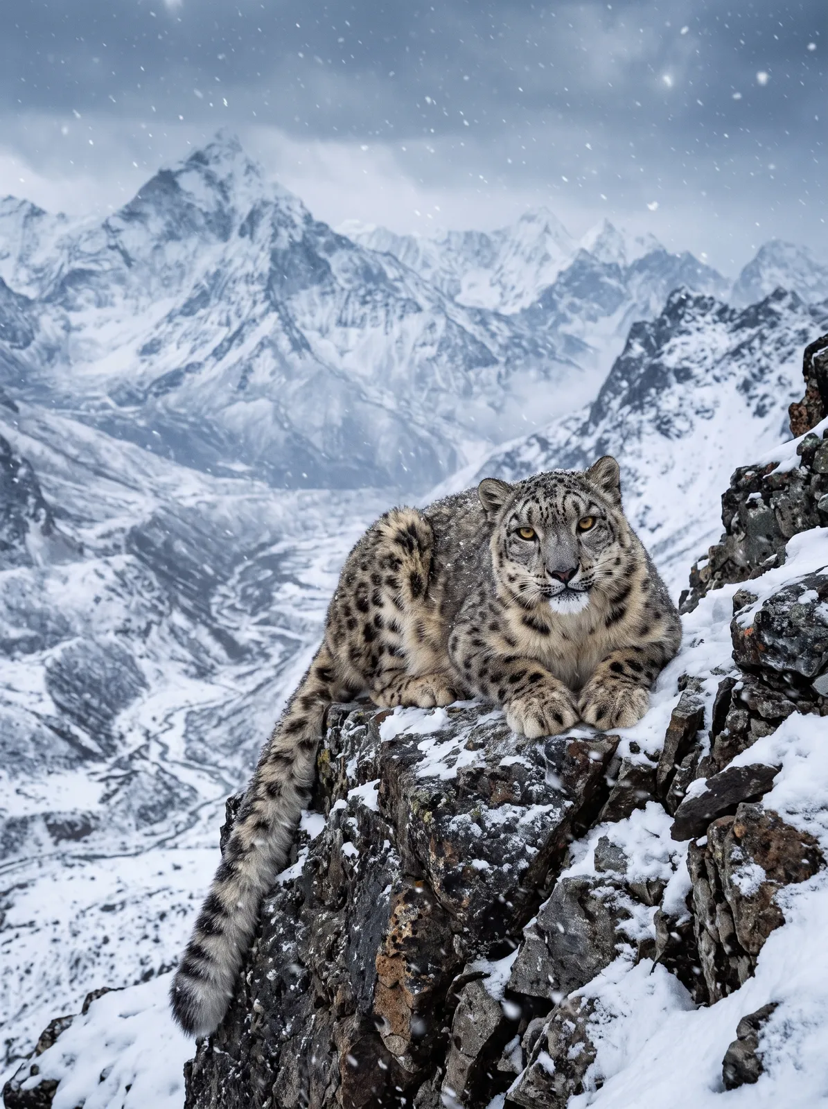 Animals: a snow leopard resting on a rocky ledge in the Himalayas, falling snow, piercing eyes, dramatic natural light