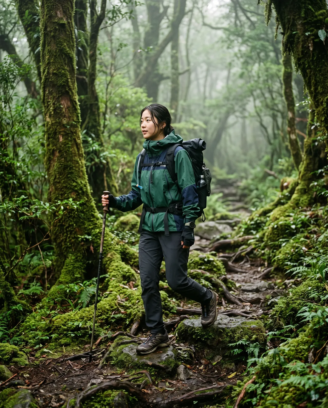 Gorpcore outdoor look: a young woman in a technical shell jacket and trail shoes on a mossy Yakushima forest path, mist and green light, natural candid pose