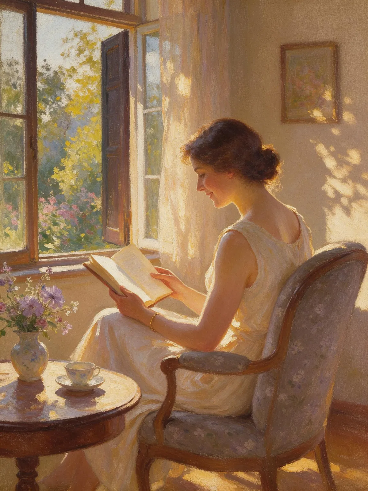 Oil painting style illustration of a woman reading by a window with afternoon sun, impressionist brushstrokes, warm light and soft shadows
