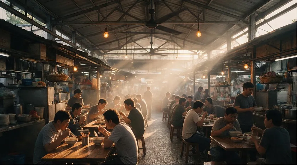 A Singapore hawker center, cinematic street photography