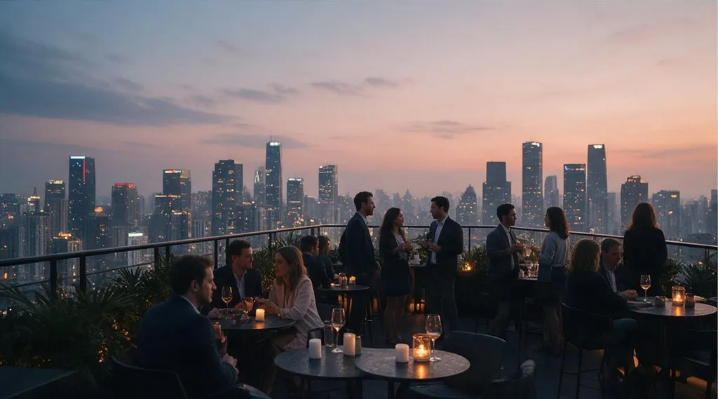 A rooftop bar overlooking a skyline, cinematic street photography