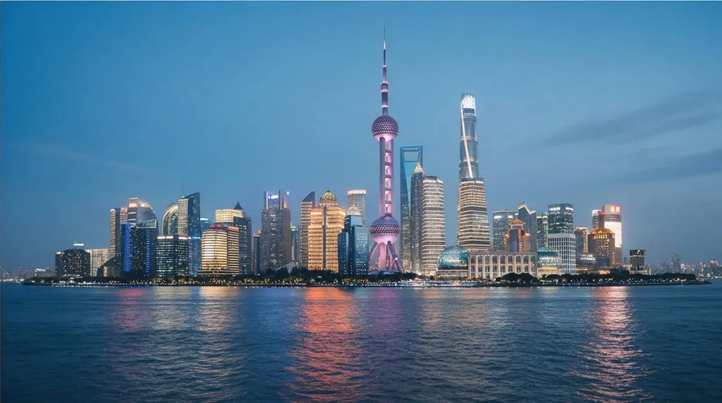 Shanghai Bund skyline at blue hour, cinematic street photography