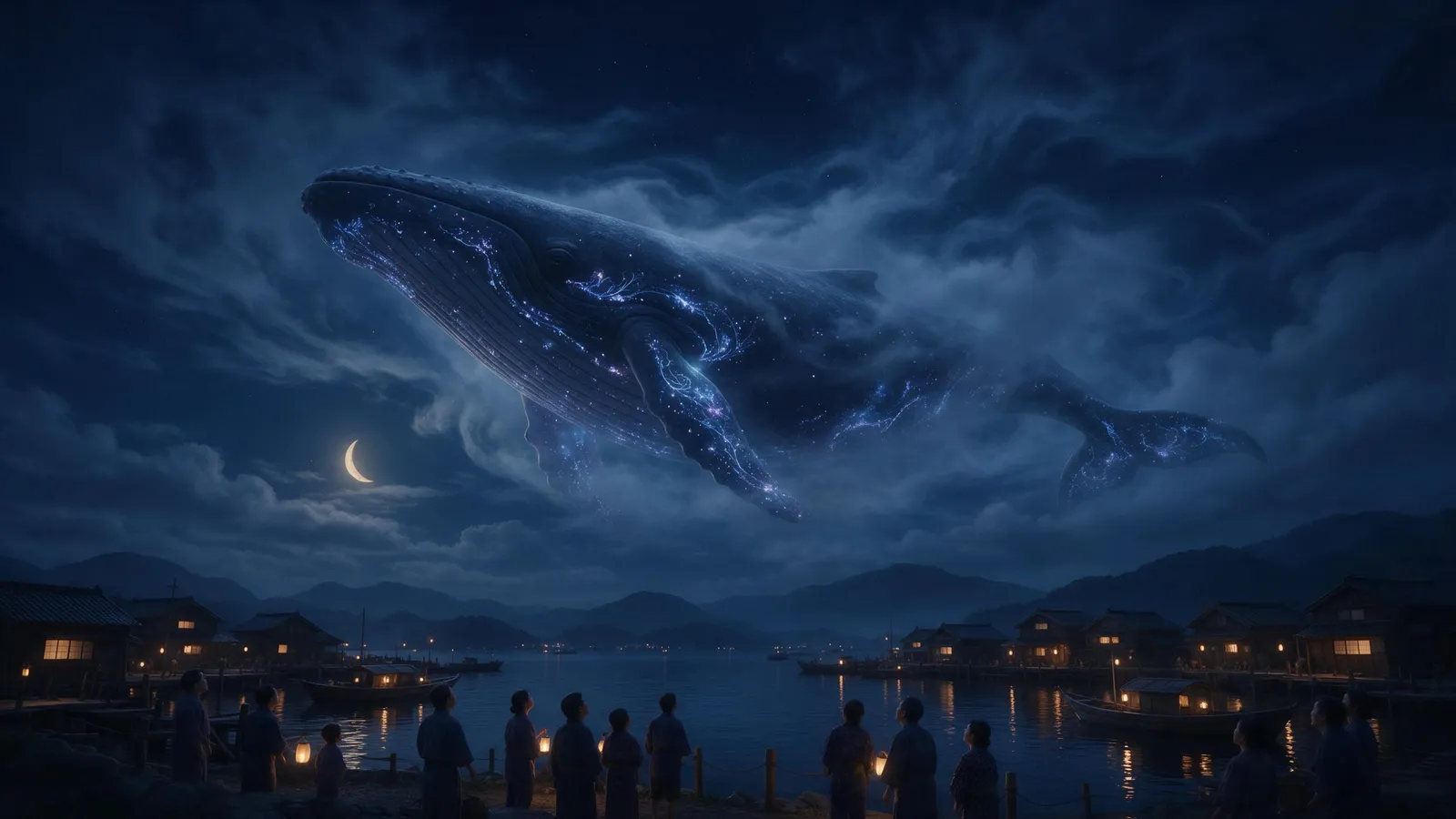 Giant spirit whale swimming through the night sky above a quiet Japanese fishing village, bioluminescent patterns on its skin, villagers looking up from the harbor, magical serene mood