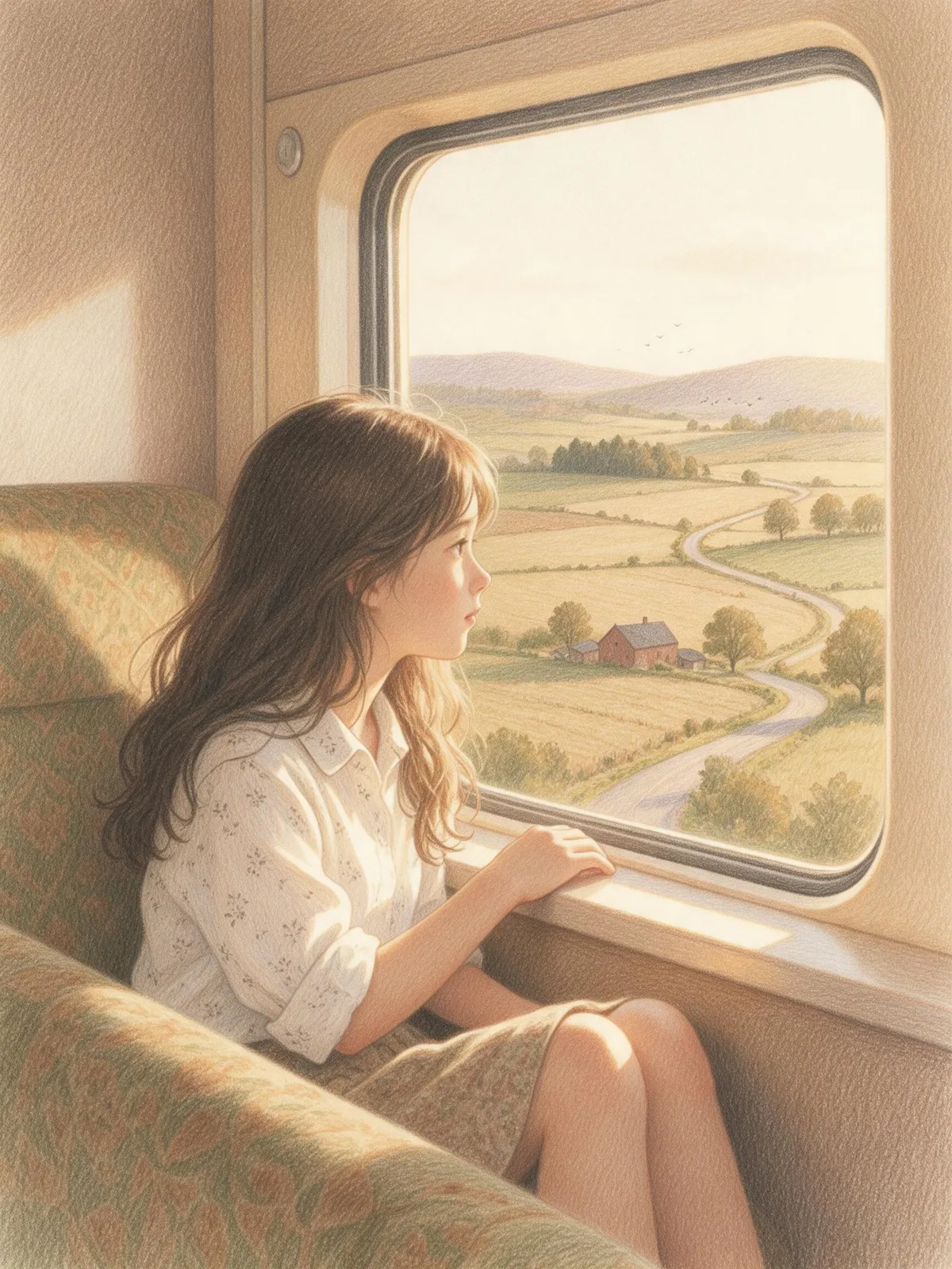 Colored pencil illustration of a girl sitting in a train window seat looking at the countryside, soft textured strokes, warm nostalgic tones
