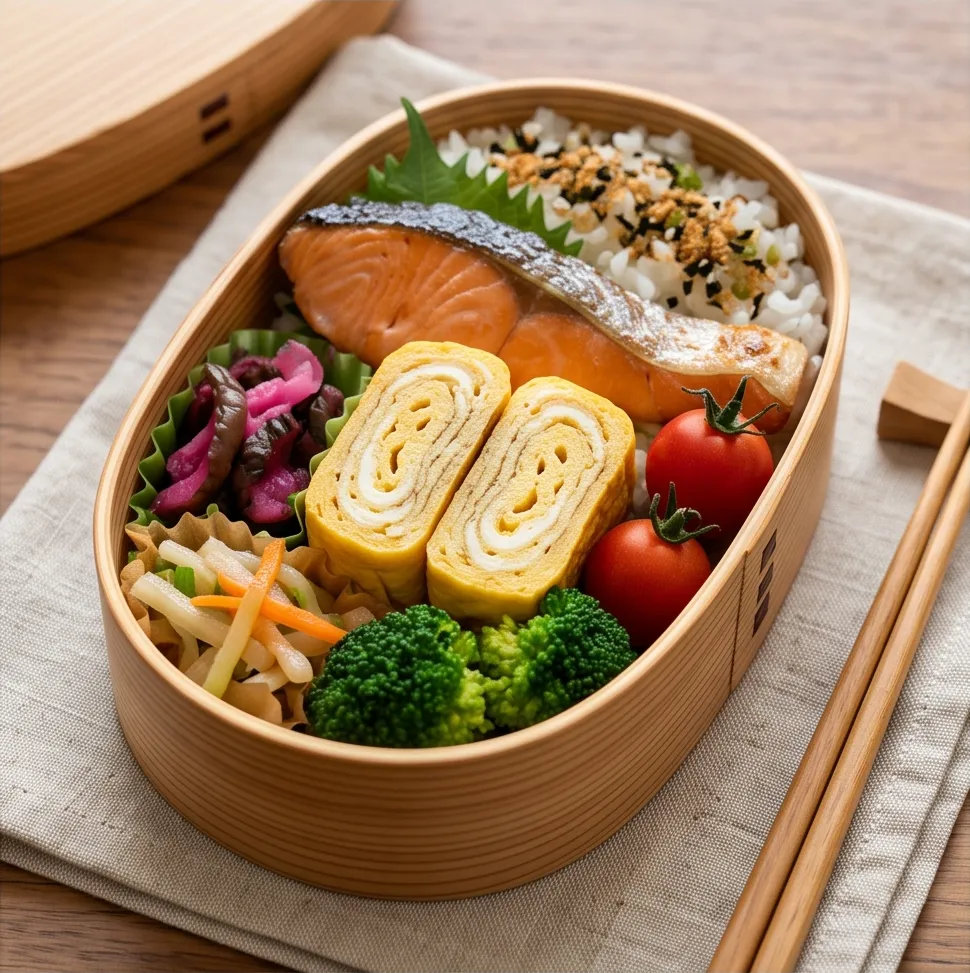 A bento box with tamagoyaki, professional food photography, appetizing