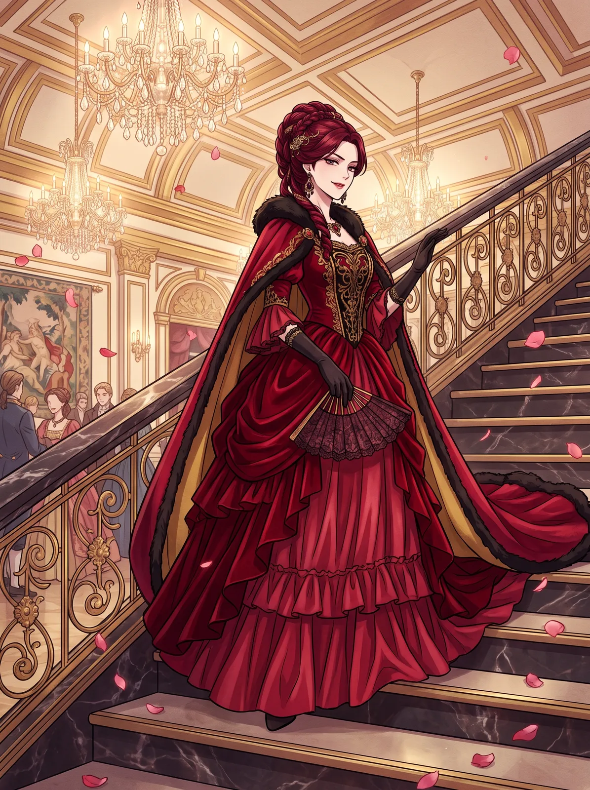 Villainess webtoon heroine in an ornate crimson ball gown descending a palace staircase, confident smirk, chandeliers glowing, rose petals drifting, rich jewel-tone rendering, romance fantasy manhwa