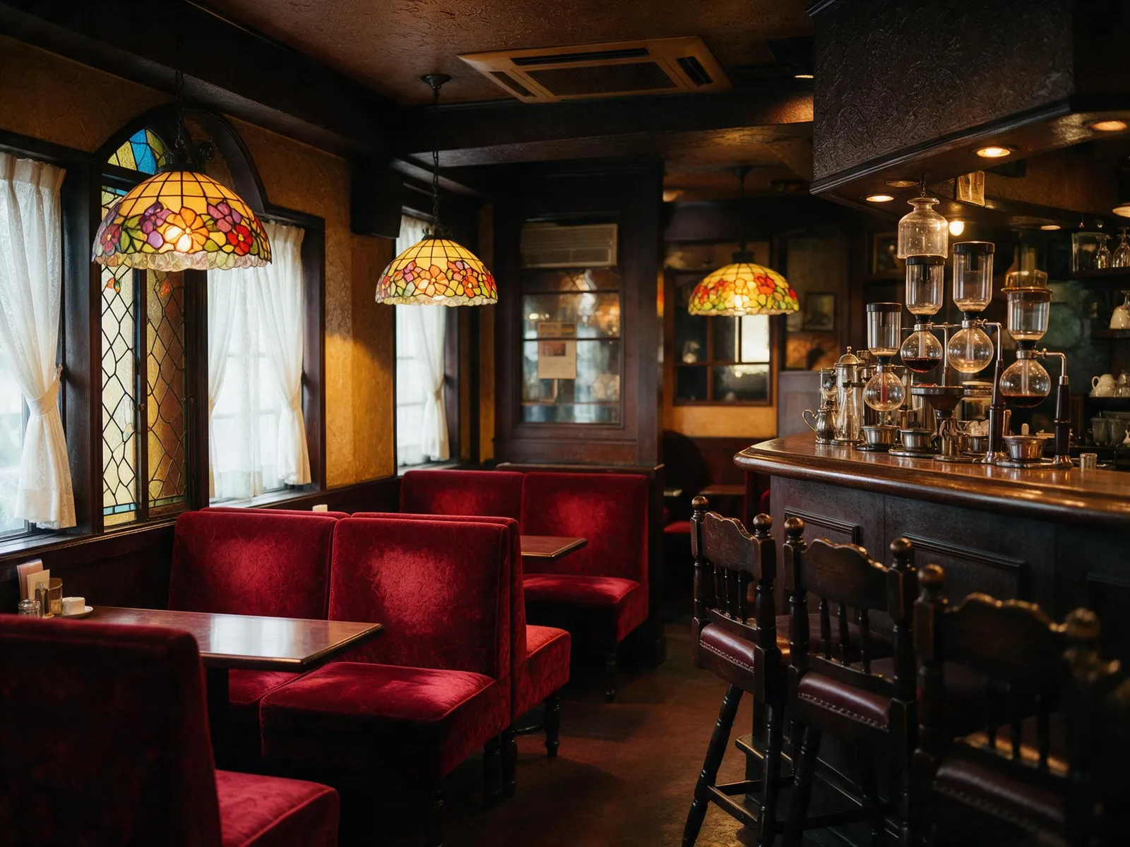 Retro Showa-era kissaten interior with red velvet booths, stained glass lamps and a siphon coffee bar, warm nostalgic light