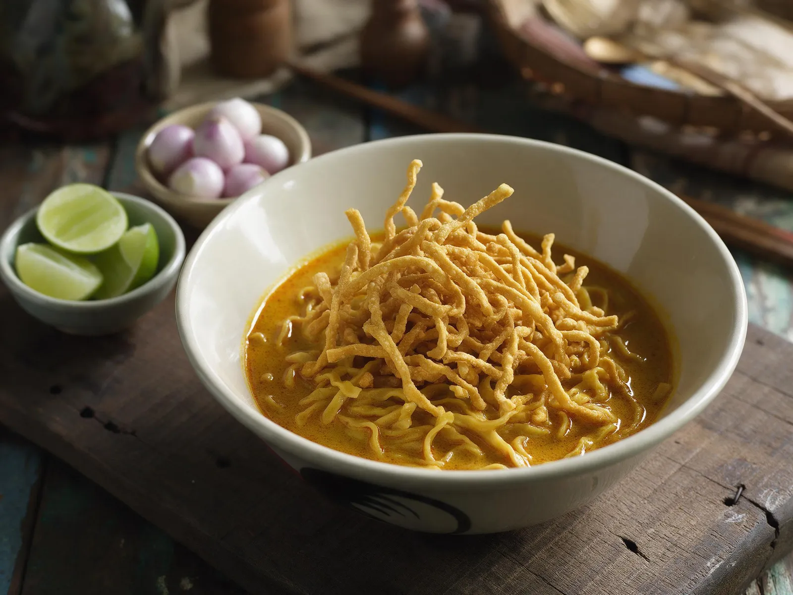 Thai khao soi curry noodles with crispy noodles on top, lime and shallots, rich golden broth, rustic table